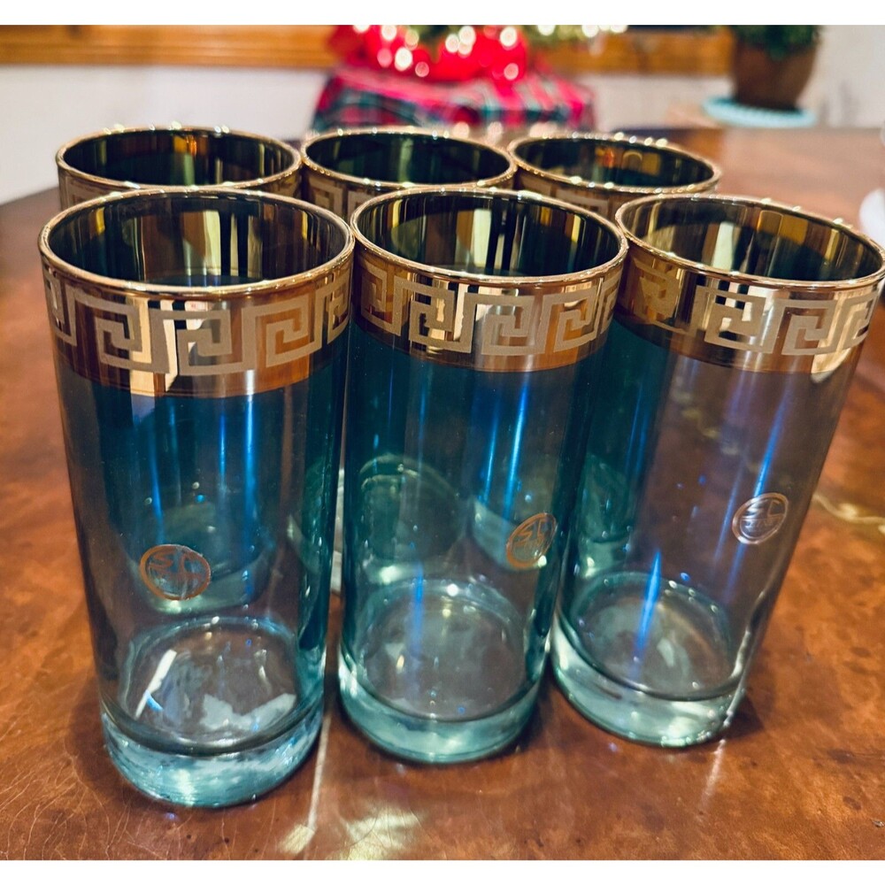 SC LINE Blue Highball Glasses with Greek Key Gold Trim 12 oz. Set 6 Brand New